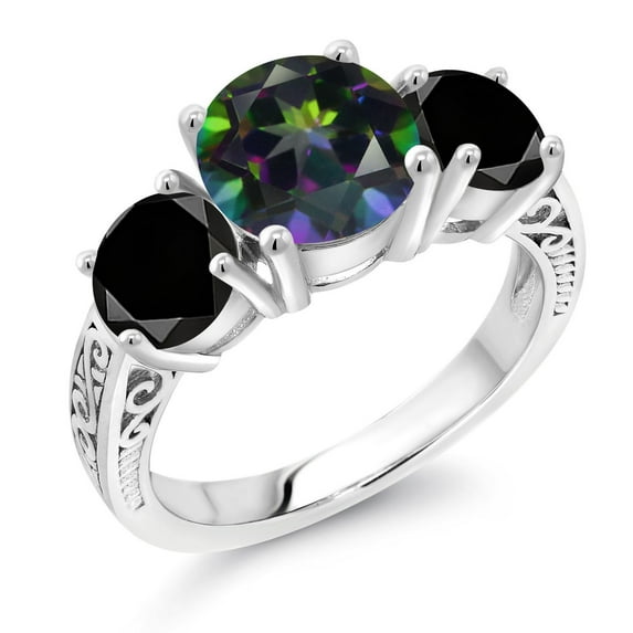 Gem Stone King 4.50 Ct Round Green Mystic Topaz Black Diamond 925 Sterling Silver 3-Stone Ring (Size 9)