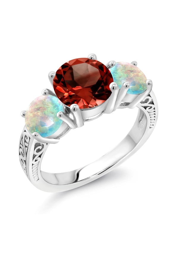 4.50 Ct Round Red Garnet White Simulated Opal 925 Sterling Silver 3-Stone Ring (Size 9)