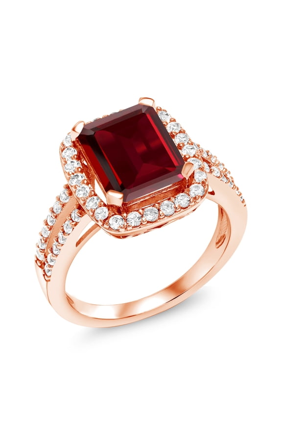 4.52 Ct Emerald Cut Red Garnet 18K Rose Gold Plated Silver Ring (Size 9)