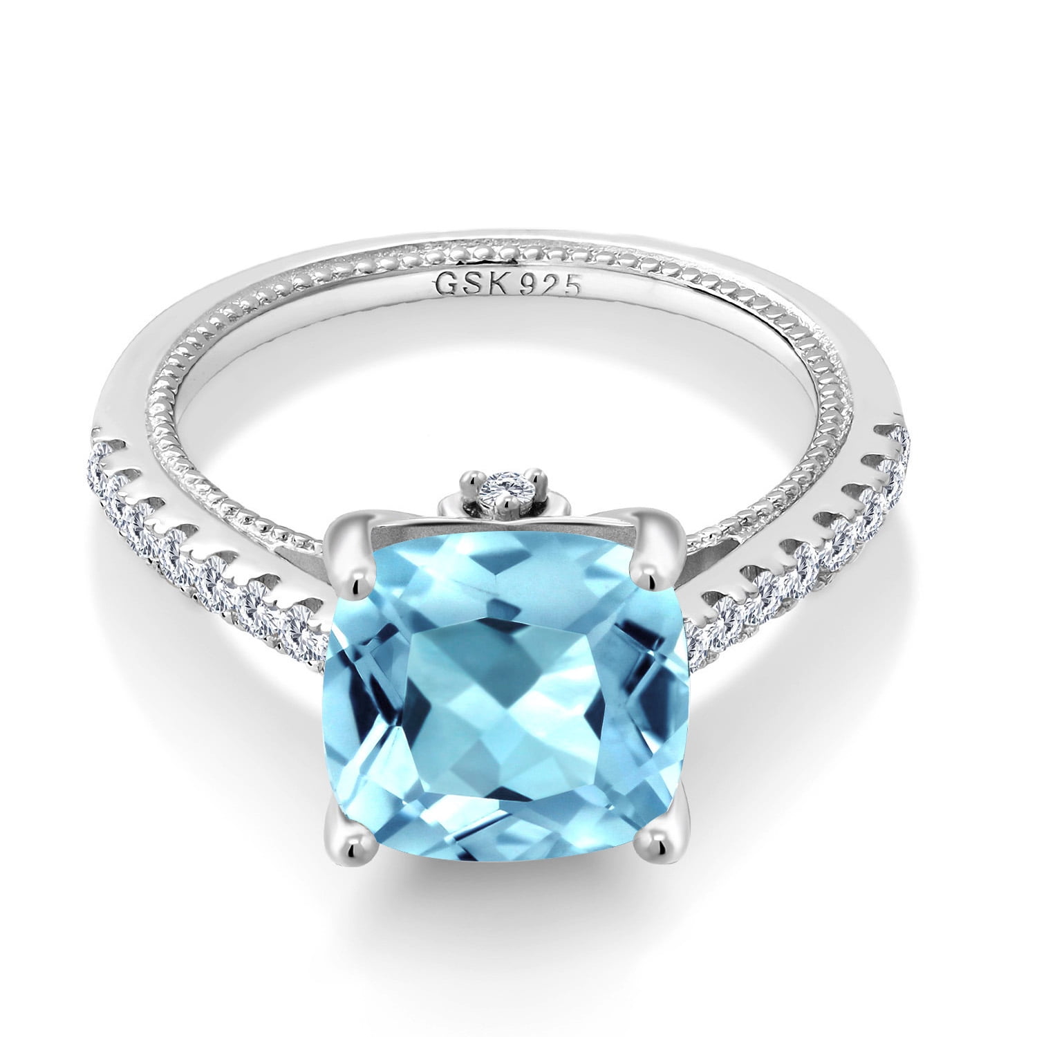 Gem Stone King 4.52 Cttw Sky Blue Topaz and White Created Sapphire Engagement Ring for Women | 925 Sterling Silver | Cushion 10MM | Wedding Engagement Anniversary Promise Ring for Women| Size 9