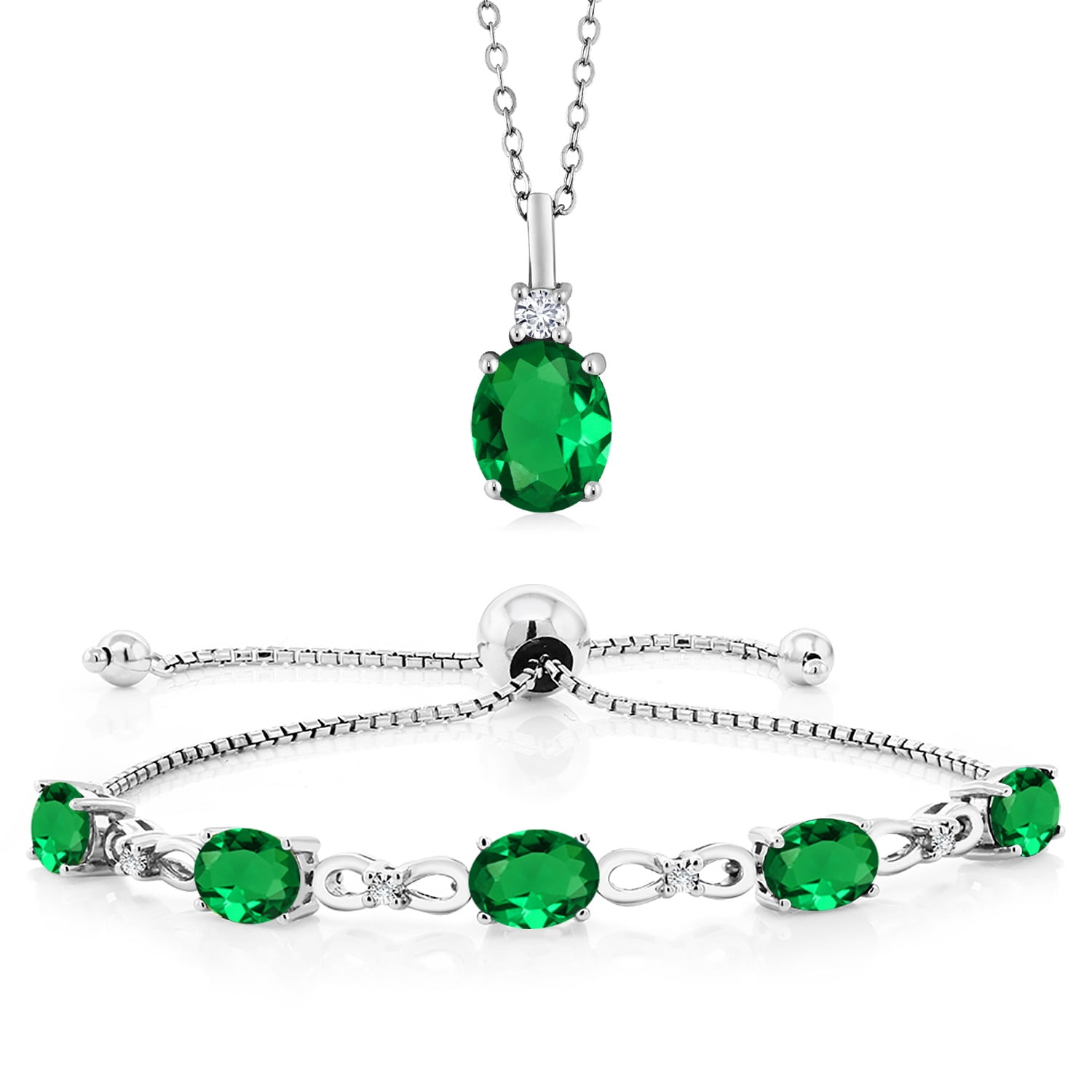 Gem Stone King 4.53 Ct Oval Green Nano Emerald 925 Sterling Silver Lab Grown Diamond Pendant and Bracelet Jewelry Set