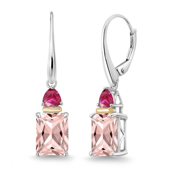 Gem Stone King 4.54 Ct Peach Nano Morganite Red Created Ruby 925 Silver and 10K Yellow Gold Earrings