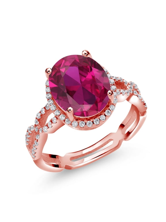 4.55 Cttw Red Created Ruby and White Created Sapphire Ring for Women | 18K Rose Gold Plated Silver | Oval 11X9MM | Wedding Engagement Anniversary Promise Ring for Women | Size 8