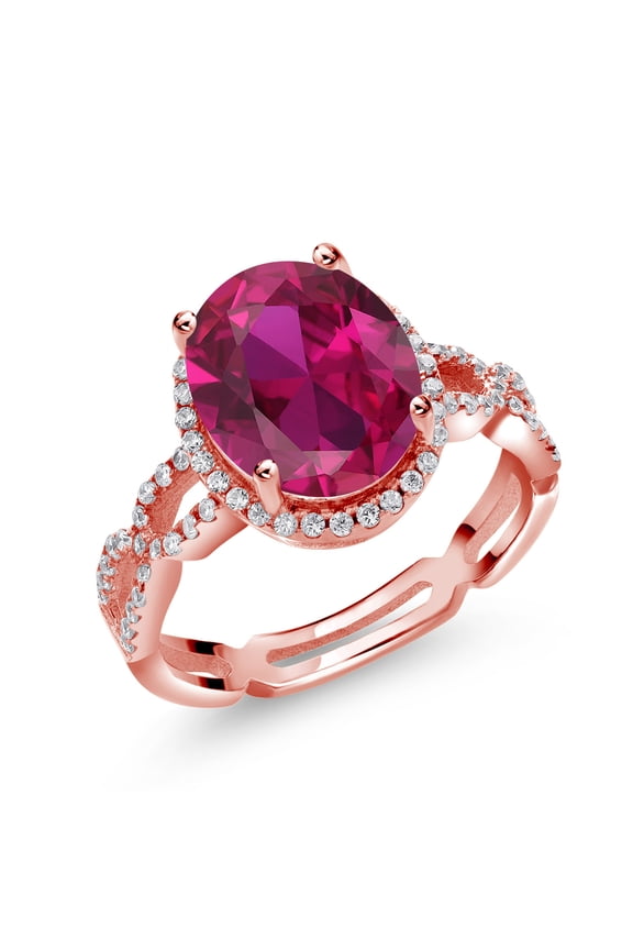 4.55 Cttw Red Created Ruby and White Created Sapphire Ring for Women | 18K Rose Gold Plated Silver | Oval 11X9MM | Wedding Engagement Anniversary Promise Ring for Women | Size 7