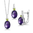 thumbnail image 1 of Gem Stone King 4.57 Ct Oval Checkerboard Purple Amethyst Green Peridot 925 Silver Pendant and Earrings Jewelry Set, 1 of 4