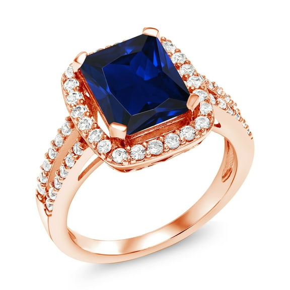 Gem Stone King 4.58 Ct Blue Created Sapphire White Created Sapphire 18K Rose Gold Plated Silver Ring (Size 6)