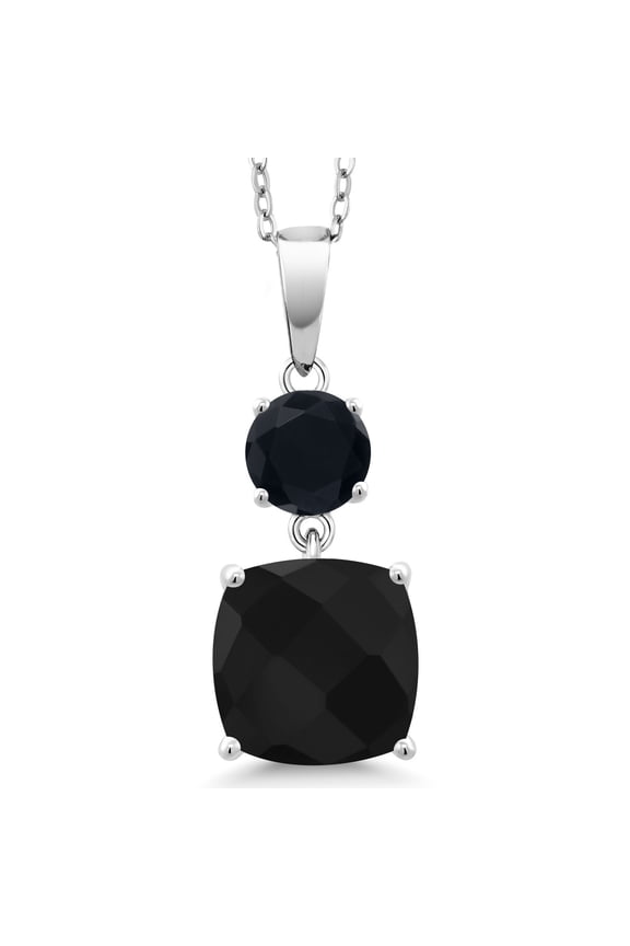 4.60 Cttw Black Onyx Pendant Necklace for Women | 925 Sterling Silver | Gemstone December Birthstone | Cushion Checkerboard 10MM | Round 6MM