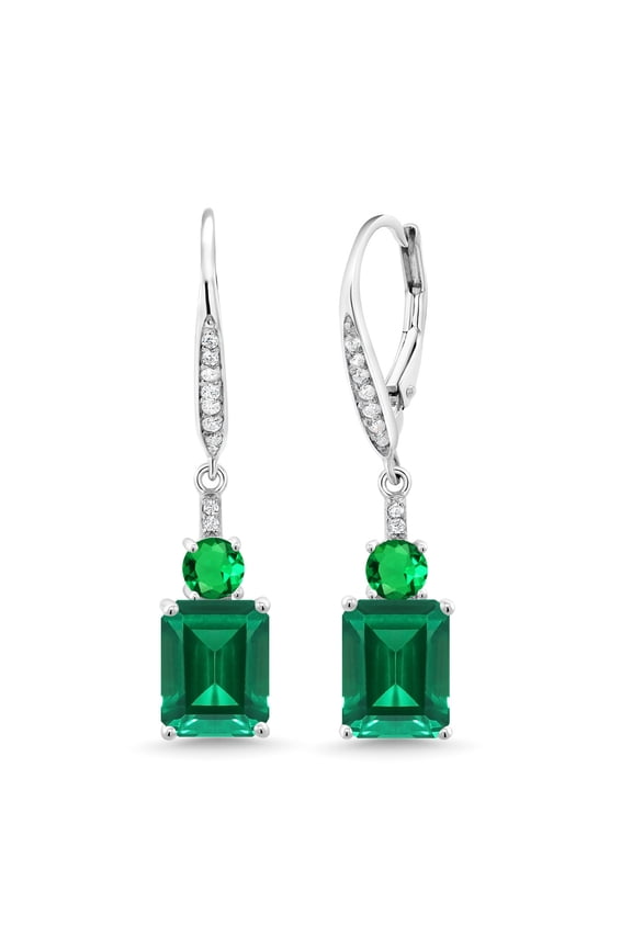 4.60 Cttw Green Nano Emerald Dangle Earrings for Women | 925 Sterling Silver | Gemstone May Birthstone | Emerald Cut 9X7MM