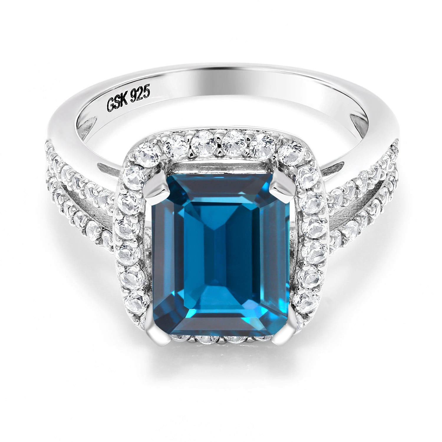Gem Stone King 4.62 Cttw London Blue Topaz Engagement Ring for Women | Emerald Cut 10X8MM | 925 Sterling Silver | Gemstone Birthstone | Wedding Engagement Anniversary Promise Ring for Women | Size 5