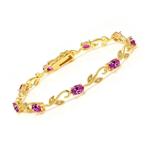 Gem Stone King 18K Yellow Gold Plated Silver Pink Created Sapphire and Diamond Greek Vine Tennis Bracelet for Women | 4.63 Cttw | 7 inch