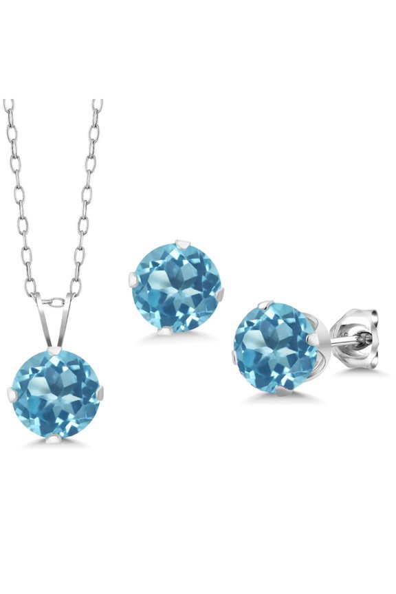 4.65 Ct Round 7mm Swiss Blue Topaz 925 Sterling Silver Stud Pendant and Earrings Jewelry Set