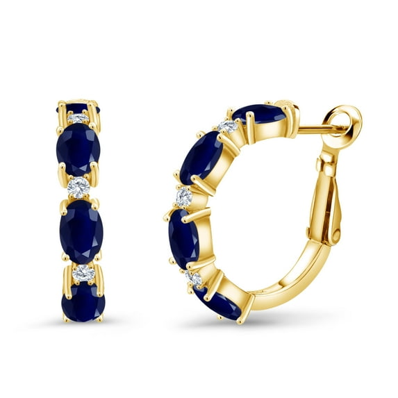 Gem Stone King 4.67 Ct Blue Sapphire G-H Lab Grown Diamond 18K Yellow Gold Plated Silver Hoop Earrings