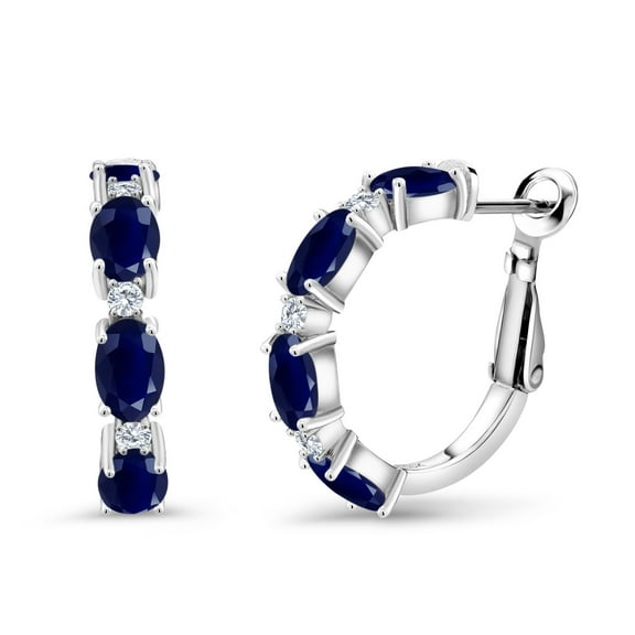 Gem Stone King 4.67 Ct Oval Blue Sapphire E-F Lab Grown Diamond 925 Sterling Silver Hoop Earrings