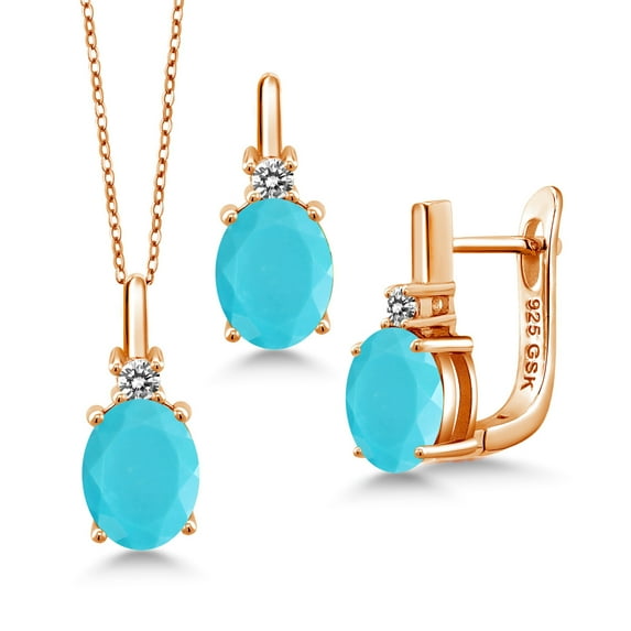 Gem Stone King 4.70 Ct Green Turquoise White Diamond 18K Rose Gold Plated Silver Pendant and Earrings Jewelry Set