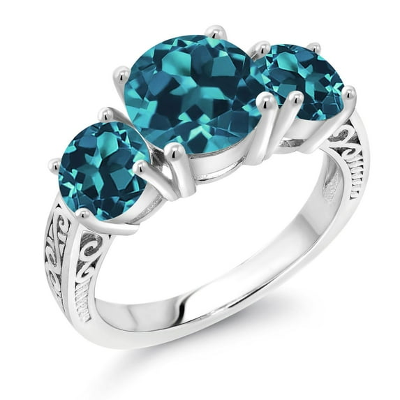 Gem Stone King 4.70 Cttw Round London Blue Topaz 3-Stone Ring for Women | 925 Sterling Silver | Gemstone Birthstone | Round 8MM and 6MM (Size 6)