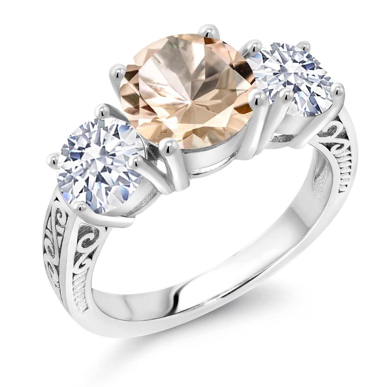 Gem Stone King 4.70 Ct Round Peach Morganite 925 Sterling Silver 3-Stone Ring (Size 9)