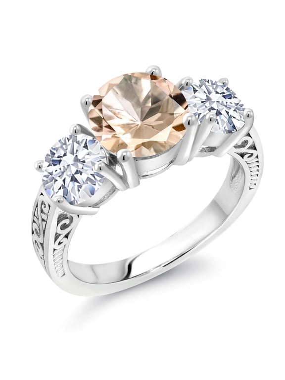 4.70 Ct Round Peach Morganite 925 Sterling Silver 3-Stone Ring (Size 5)
