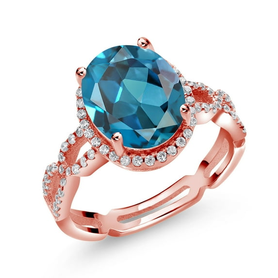 Gem Stone King 4.75 Ct London Blue Topaz White Created Sapphire 18K Rose Gold Plated Silver Ring (Size 7)