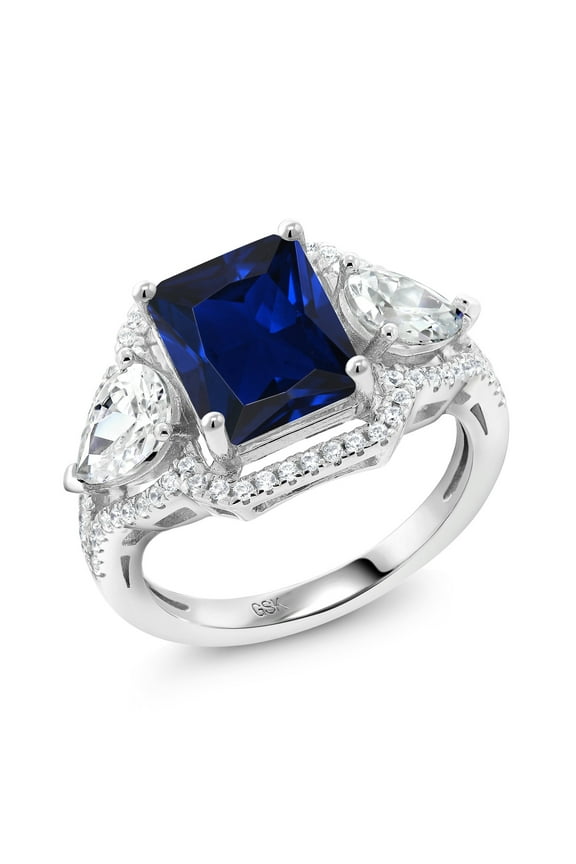 4.79 Cttw Blue Created Sapphire Ring for Women | 925 Sterling Silver | Emerald Cut 10X8MM | Gemstone September Birthstone | Wedding Engagement Anniversary Promise Ring | Size 7