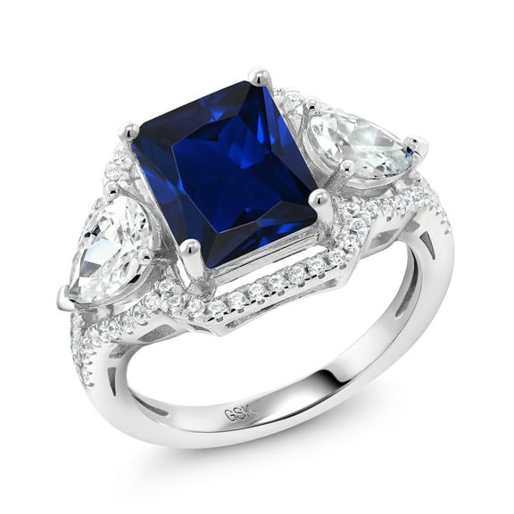 Gem Stone King 4.79 Cttw Blue Created Sapphire Ring for Women | 925 Sterling Silver | Emerald Cut 10X8MM | Gemstone September Birthstone | Wedding Engagement Anniversary Promise Ring | Size 7
