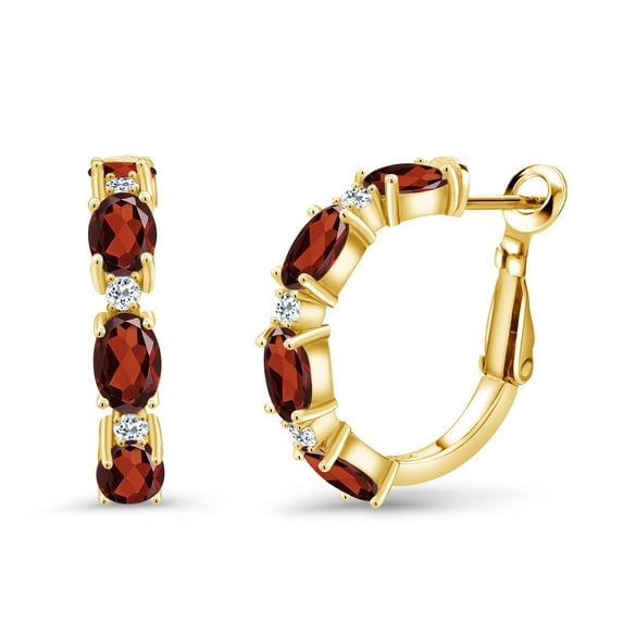 Gem Stone King 4.80 Ct Oval Red Garnet White Topaz 18K Yellow Gold Plated Silver Hoop Earrings