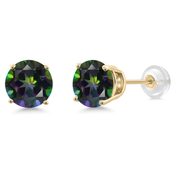 Gem Stone King 4.80 Ct Round 8mm Green Mystic Topaz 14K Yellow Gold Stud Earrings for Women Men with Comfort Back
