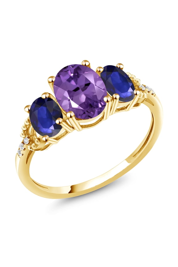 4.84 Cttw 8X6MM Oval Purple Amethyst 6X4MM Oval Blue Sapphire and Diamond Accent 10K Yellow Gold Ring for Women | Gemstone Birthstone.5 (Size 8)
