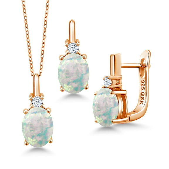 Gem Stone King 4.85 Ct Simulated Opal Created Sapphire 18K Rose Gold Plated Silver Pendant and Earrings Jewelry Set