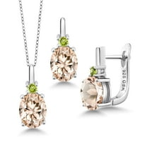 Gem Stone King 4.87 Ct Peach Morganite Green Peridot 925 Sterling Silver Pendant and Earrings Jewelry Set
