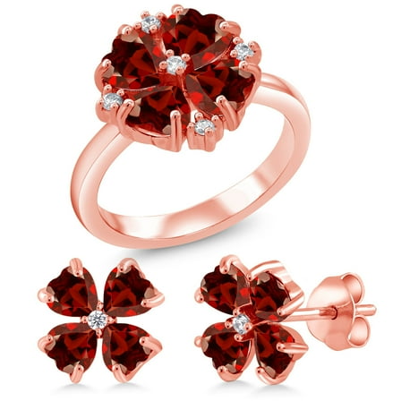 Gem Stone King 4.89 Ct Heart Shape Red Garnet 18K Rose Gold Plated Silver Ring and Earrings Jewelry Set (Size 8)