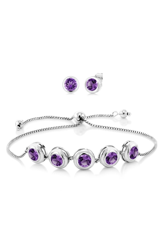 4.90 Ct Round 6mm Purple Amethyst 925 Sterling Silver Bracelet for Women Earrings Set