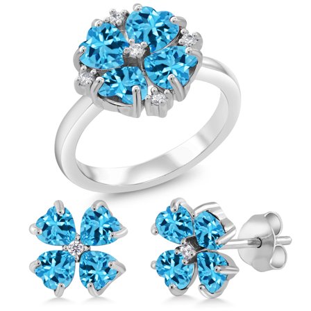 Gem Stone King 4.93 Ct Heart Shape Swiss Blue Topaz 925 Sterling Silver Ring and Earrings Jewelry Set (Size 7)