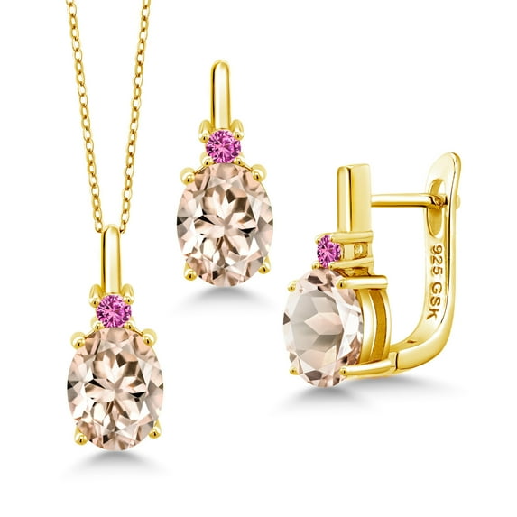 Gem Stone King 4.95 Ct Peach Morganite Pink Created Sapphire 18K Yellow Gold Plated Silver Pendant and Earrings Jewelry Set