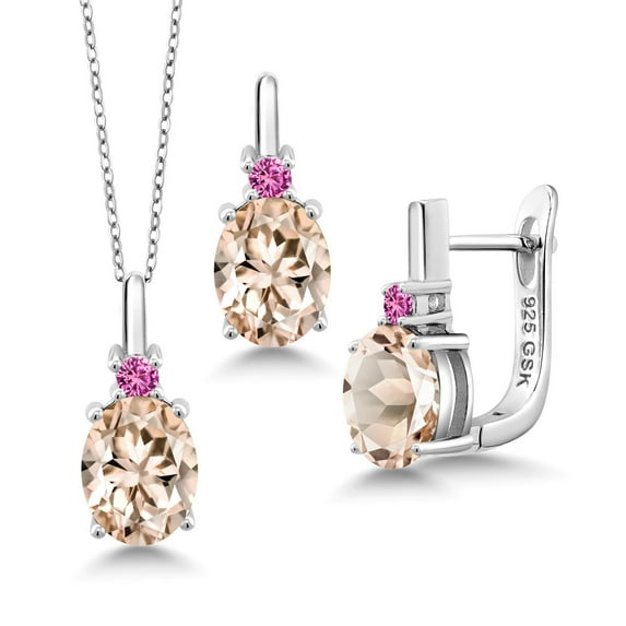 Gem Stone King 4.95 Ct Peach Morganite Pink Created Sapphire 925 Sterling Silver Pendant and Earrings Jewelry Set