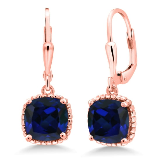 Gem Stone King 5.00 Ct Cushion Blue Created Sapphire 18K Rose Gold Plated Silver Earrings