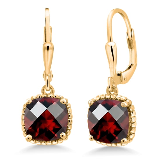 Gem Stone King 5.00 Ct Cushion Checkerboard Red Garnet 18K Yellow Gold Plated Silver Earrings