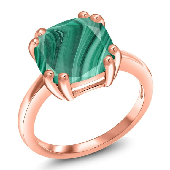 Gem Stone King 5.00 Ct Cushion Green Malachite 18K Rose Gold Plated Silver Double Prong Ring