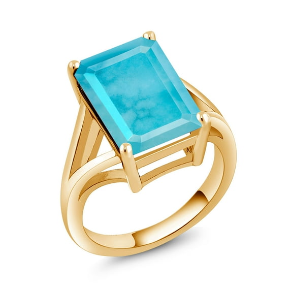 Gem Stone King 5.00 Ct Emerald Cut Green Turquoise 18K Yellow Gold Plated Silver Ring