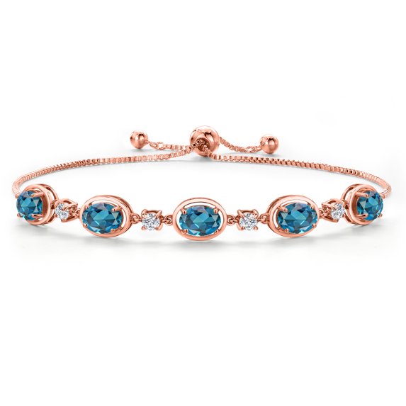Gem Stone King 18K Rose Gold Plated Silver London Blue Topaz, Lab Grown Diamond Bracelet for Women | 5.40 Cttw | Gemstone November Birthstone | Oval 7X5MM | Fully Adjustable 9 inch