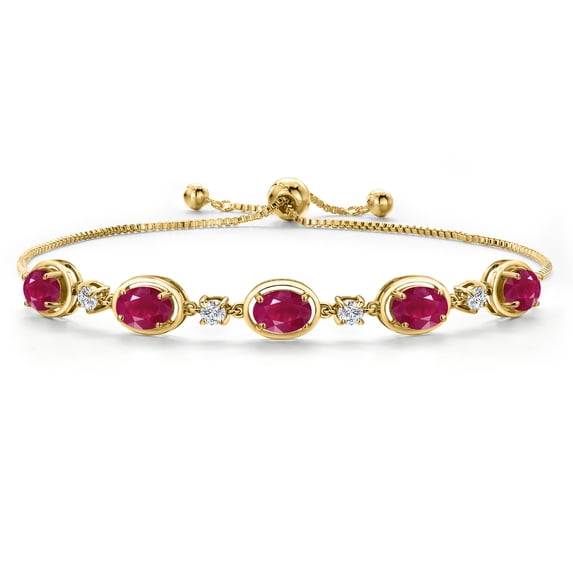 Gem Stone King 18K Yellow Gold Plated Silver Red Ruby and Lab Grown Diamond Bracelet for Women | 5.40 Cttw | Gemstone July Birthstone | Oval 7X5MM | Fully Adjustable 9 inch