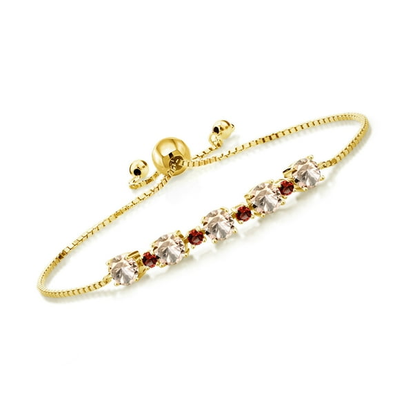 Gem Stone King 5.00 Ct Round Peach Morganite Red Garnet 18K Yellow Gold Plated Silver Tennis Bracelet for Women