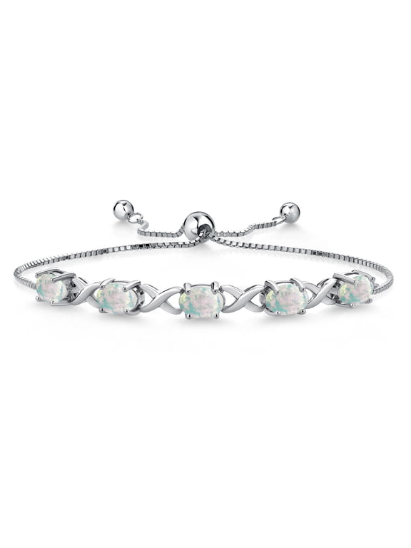5.00 Cttw 925 Sterling Silver Simulated White Opal Bracelet for Women | Gemstone October Birthstone | Oval Cabochon 7X5MM | Fully Adjustable up to 9 inches
