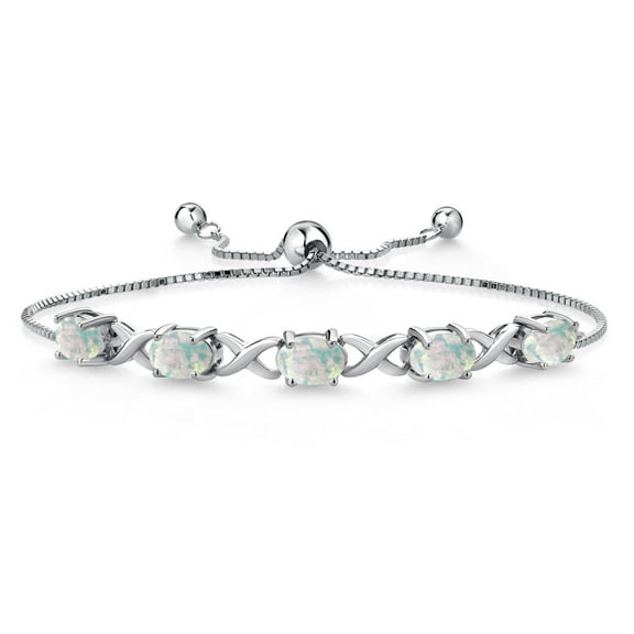 Gem Stone King 5.00 Cttw 925 Sterling Silver Simulated White Opal Bracelet for Women | Gemstone October Birthstone | Oval Cabochon 7X5MM | Fully Adjustable up to 9 inches