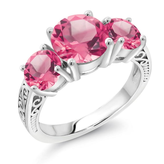 Gem Stone King 5.00 Cttw Pink Mystic Topaz 3-Stone Engagement Ring in 925 Sterling Silver | Three Stone Wedding Engagement Anniversary Promise Ring for Women | Size 5,6,7,8,9
