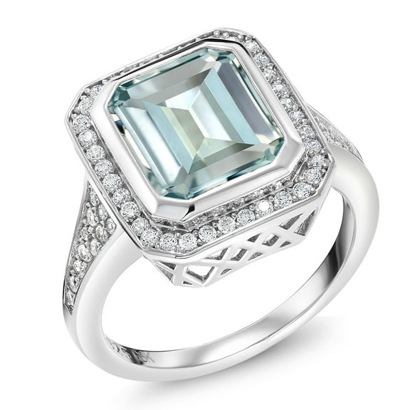 Gem Stone King 5.00 Cttw Simulated Aquamarine Ring for Women | 925 Sterling Silver | Emerald Cut 11X9MM | Wedding Engagement Anniversary Promise Ring for Women| Size 9