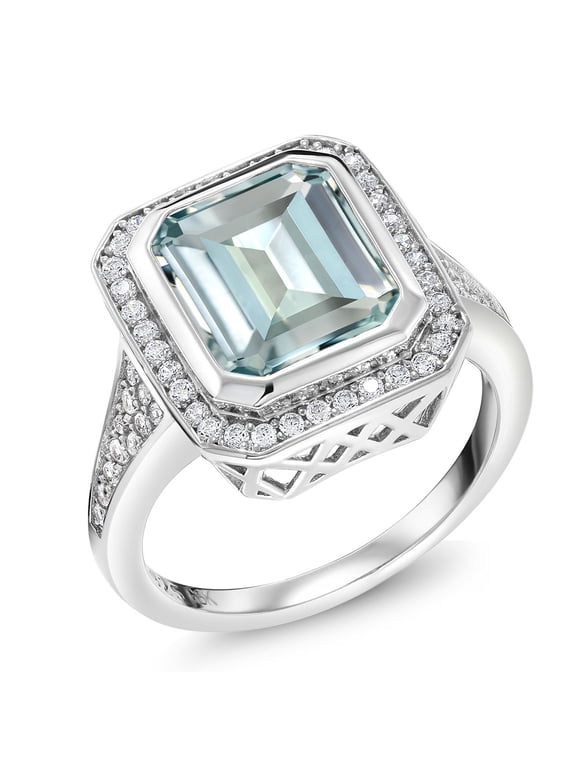 5.00 Cttw Simulated Aquamarine Ring for Women | 925 Sterling Silver | Emerald Cut 11X9MM | Wedding Engagement Anniversary Promise Ring for Women | Size 8
