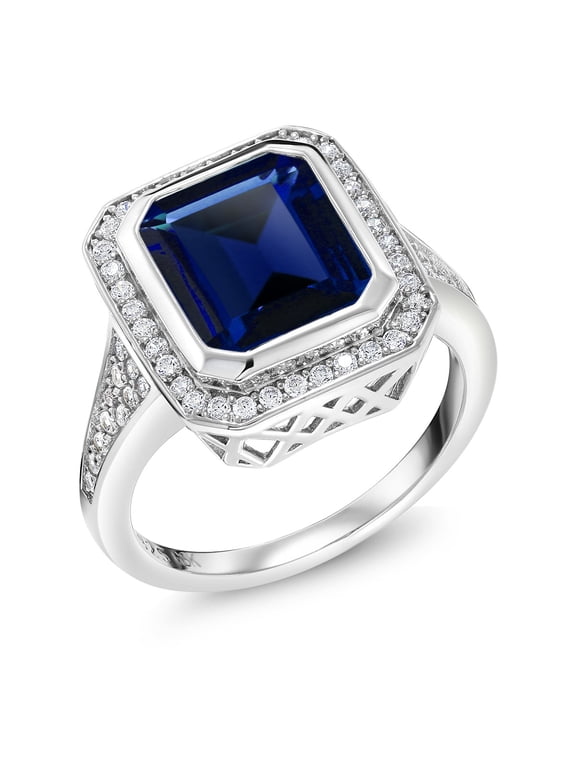 5.00 Cttw Simulated Blue Sapphire Ring for Women | 925 Sterling Silver | Emerald Cut 11X9MM | Wedding Engagement Anniversary Promise Ring for Women (Size 6)