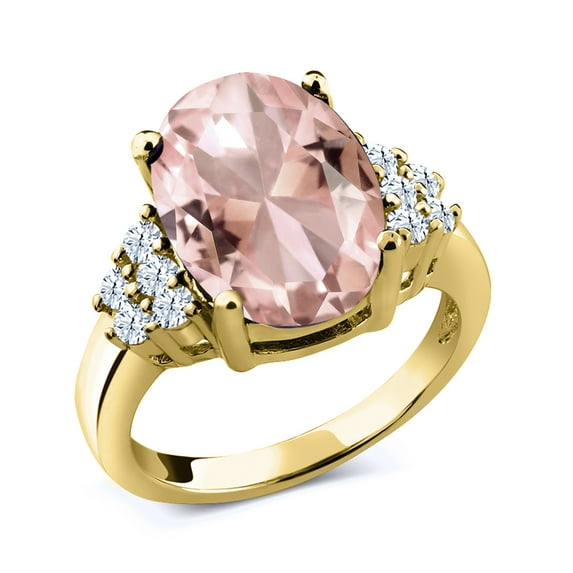 Gem Stone King 5.03 Ct Oval Peach Simulated Morganite 18K Yellow Gold Plated Silver Ring (Size 9)