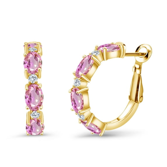 Gem Stone King 5.03 Ct Pink Sapphire G-H Lab Grown Diamond 18K Yellow Gold Plated Silver Hoop Earrings