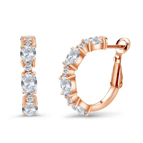Gem Stone King 5.04 Ct Oval White Topaz 18K Rose Gold Plated Silver Hoop Earrings